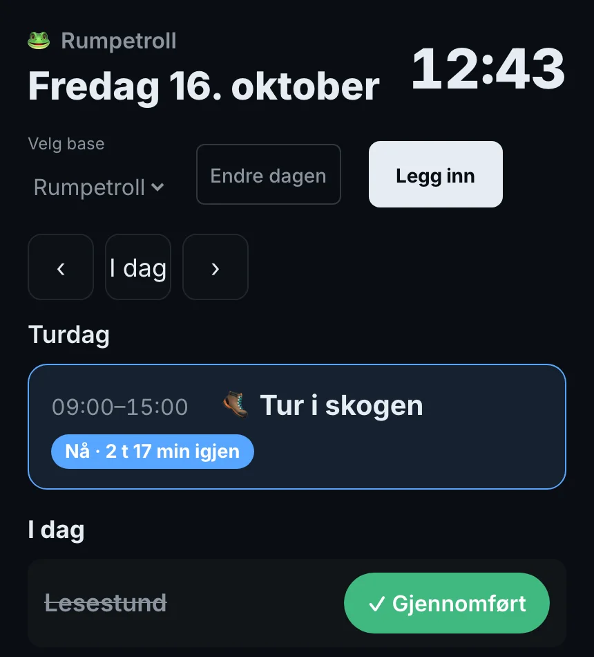 Faghjulet på mobil: «Basens dag» med dagens aktivitet og hva som er gjennomført, demodata.