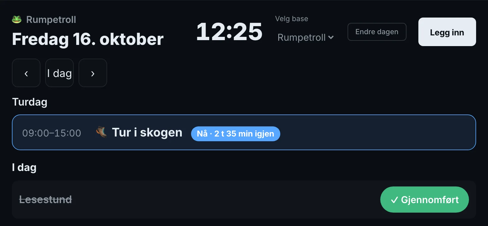 Faghjulet: «Basens dag» på felles iPad, med dagens aktivitet, klokka og hva som er gjennomført, demodata.