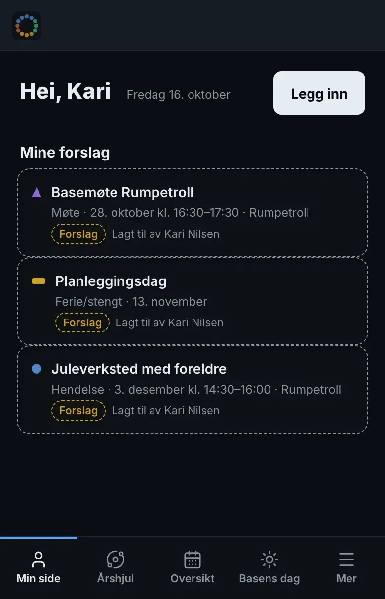 Faghjulet på mobil: «Min side» med en ansatts egne forslag til aktiviteter og møter, demodata.