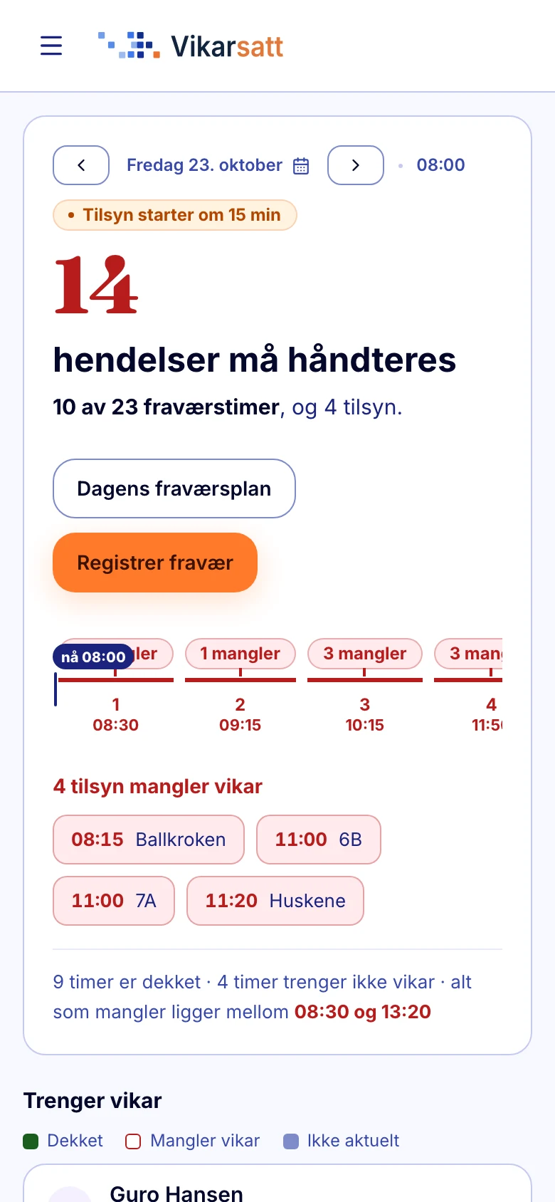 Vikarsatt på mobil: Oversikt med «14 hendelser må håndteres», tidslinje og tilsyn som mangler vikar, demodata.